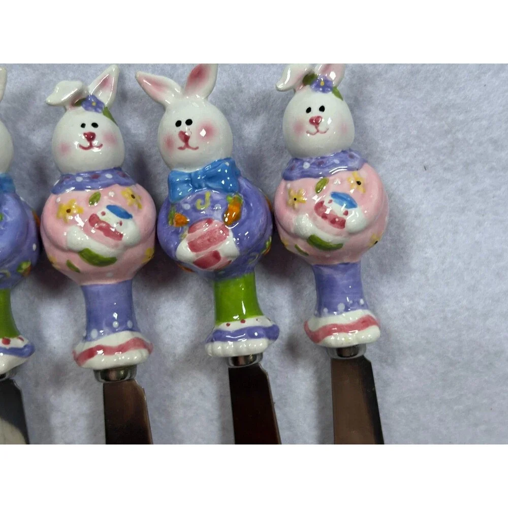 Set 5 Easter Bunny Rabbit Ceramic Cheese Butter Spreaders Knives Spring Decor